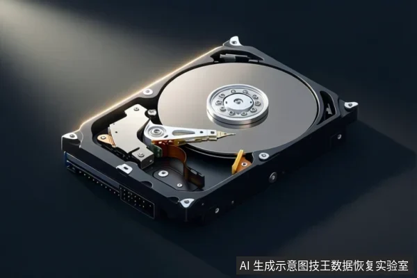 深色背景上展示一块打开外壳的机械硬盘，可见金属盘片、中心主轴、磁头臂组件以及边缘的SATA数据与电源接口。