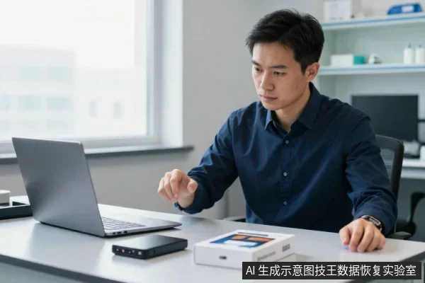 一名亚洲成年男子坐在办公桌前，面前放着笔记本电脑、移动硬盘和包装盒，正专注看向电脑屏幕。