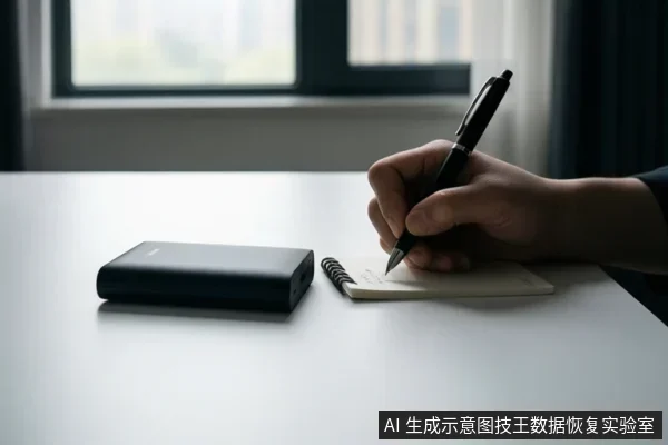 白色桌面上,一只手正握笔在螺旋笔记本上书写,旁边放置着一个黑色移动硬盘。