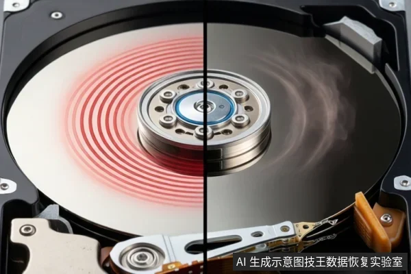 一张机械硬盘内部结构的对比示意图,左侧盘片上有红色同心圆波纹,右侧盘片呈现烟雾状效果,底部可见磁头臂组件。