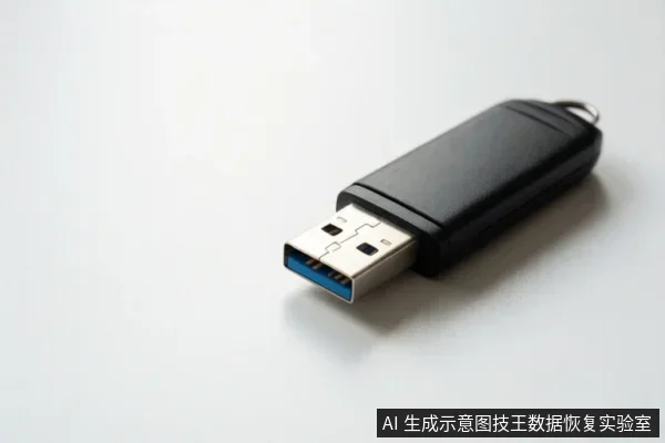 画面中一只黑色USB闪存盘斜放在白色平面上，金属接口处可见蓝色塑料片，主体完整清晰。