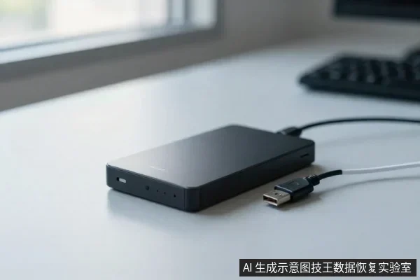 灰色桌面上放着一块黑色长方形外置硬盘,侧面有指示灯,USB数据线插在硬盘上,插头朝向镜头。
