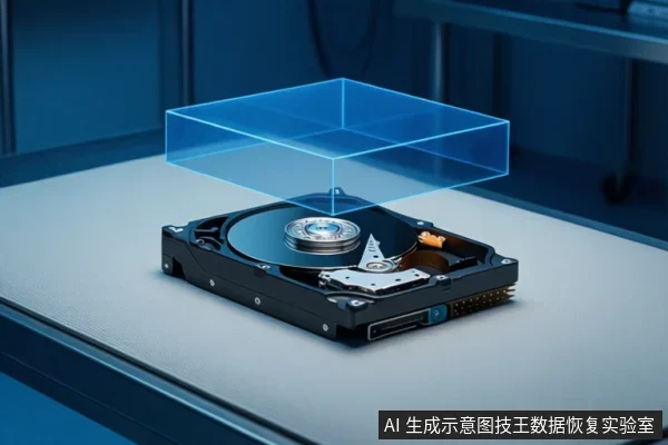 一块打开顶盖的机械硬盘平放在浅色台面上,上方悬浮一个蓝色透明立方体示意框,背景为模糊的蓝色设备架。