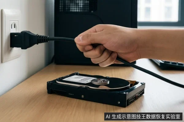 一只手握住电源线插头,桌上放着一块裸露的机械硬盘,背景有电脑主机和键盘。