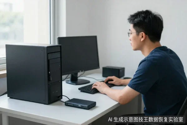 一名戴眼镜的亚洲男子坐在白色办公桌前,面前是黑色台式主机、显示器和键盘,桌面上放着一块黑色外置硬盘,他正操作键盘。