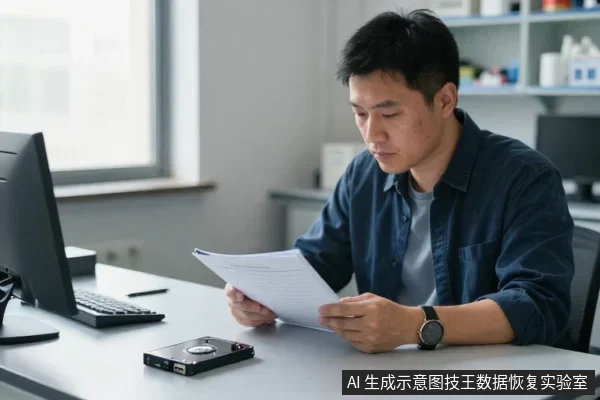 一名亚洲男性坐在办公桌前,低头阅读手中的纸质文件,桌上放着一台显示器、键盘和一个黑色外置硬盘。