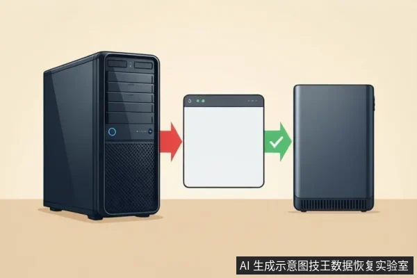 米色背景上，左侧黑色台式主机经红色箭头指向中间空白窗口，窗口再经绿色对勾箭头指向右侧黑色外置硬盘盒