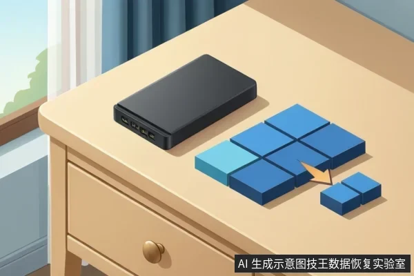 木质桌面上放着一个黑色外置硬盘盒，旁边排列着若干蓝色方块，其中一个方块被橙色箭头指向并分离出来。