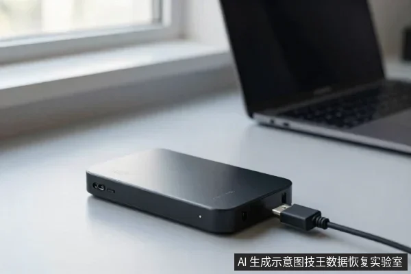 灰色桌面上的黑色移动硬盘,通过USB线连接,背景有笔记本电脑和窗户。