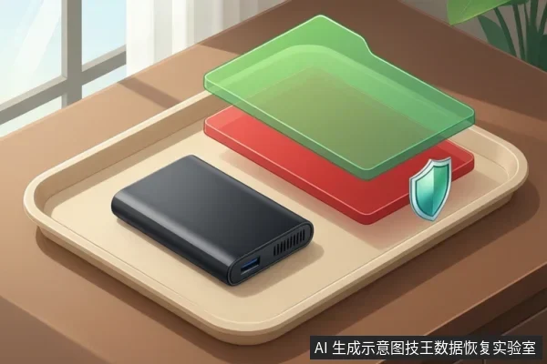木桌上的托盘里放着一个黑色移动硬盘,上方悬浮着红绿相间的文件夹图标和一个盾牌图标。