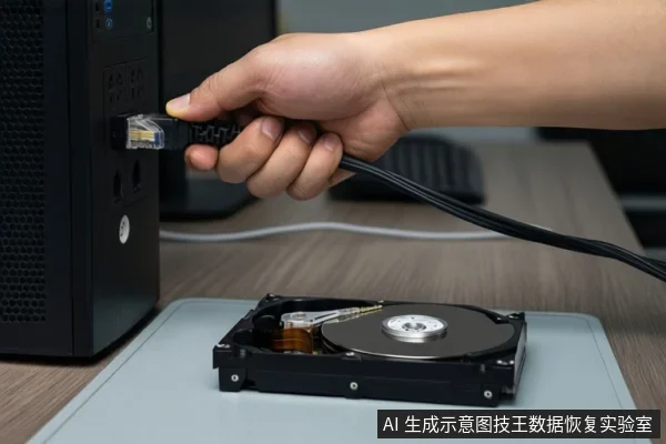 一只手正将网线插入电脑主机背板接口,桌面上放置一块打开顶盖的机械硬盘,可见盘片与磁头组件。