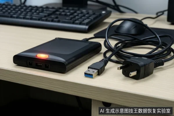 桌面上一个黑色外置移动硬盘,前端橙色指示灯亮起,旁边盘绕着一根蓝色USB数据线和一个两脚电源插头,背景有键盘和鼠标。