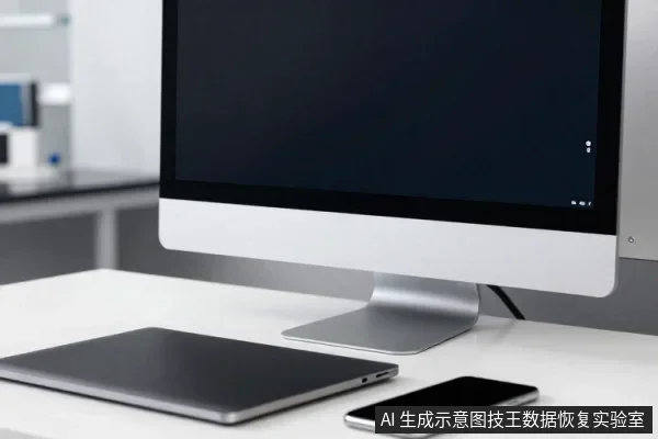 白色桌面上摆放着一台银色一体机电脑、一台合上的银色笔记本电脑和一部黑色智能手机,电脑屏幕为深色。