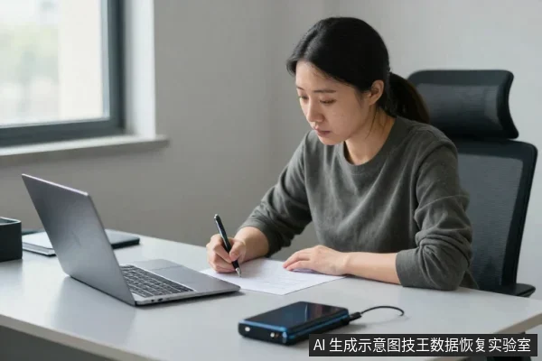 亚洲女性坐在办公桌前,用笔在纸上记录,面前放着一台银色笔记本电脑和一个带数据线的黑色外置硬盘盒。