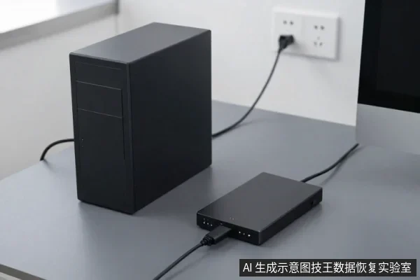 灰色桌面上放置一台黑色台式电脑主机和一块黑色外置硬盘盒，两者通过线缆连接，背景墙面有电源插座。