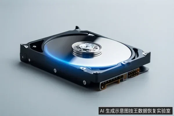 画面中展示了一个打开的机械硬盘,盘片呈银色,中心有主轴,边缘带有蓝色光效,右下角可见数据与电源接口。