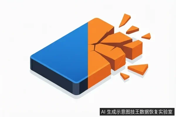 A stylized blue and orange rectangular block with the orange side cracked and fragments flying off.