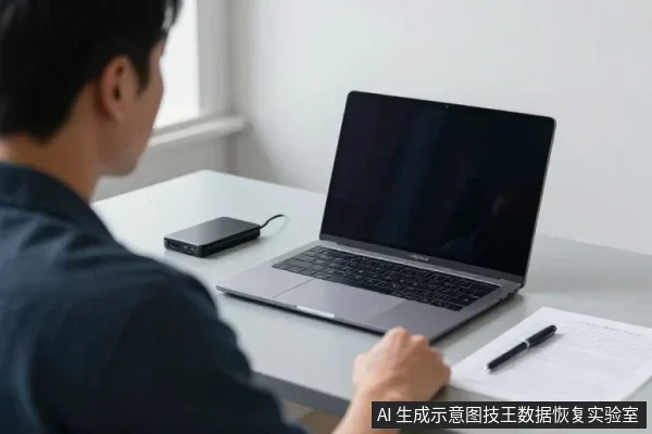 一名亚洲男性坐在桌前，面前是一台屏幕全黑的银色笔记本电脑，左侧放着一块黑色移动硬盘，右侧有一份文件和一支笔。