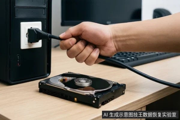 一只手握着黑色线缆,线缆一端插在电脑机箱背面的接口上,另一端悬空,桌面上放着一块裸露的机械硬盘。