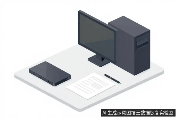 浅灰色桌面上摆放着一台深灰色台式电脑主机与显示器，左侧有一块黑色外置硬盘，前方放着一张白纸和一支黑色笔。