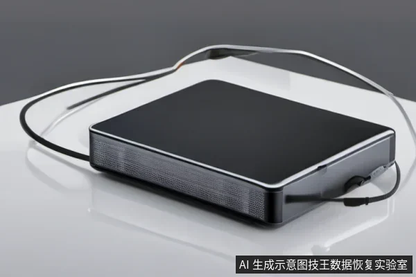 黑色方形外置存储设备，侧面带网格纹理，右侧接口连接线缆，线缆环绕于设备上方，置于白色反光桌面。