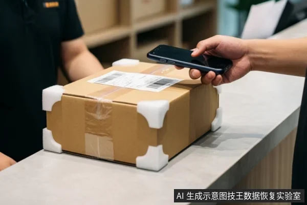 柜台上一只手持智能手机对准带白色护角和快递面单的纸箱,另一侧有人站立。