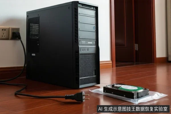 木地板上放一台黑色台式主机，电源线插头脱离插座搁在地上，右侧透明防静电袋内有一块开盖机械硬盘。