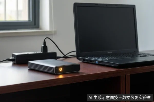 木桌上放着一台黑屏笔记本电脑,旁边是带橙色指示灯的外接硬盘,硬盘经线缆连接至黑色电源适配器,背景为窗户。