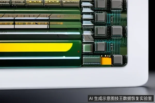 存储设备内部电路板特写，左侧可见金手指接口，右侧排布主控芯片与闪存颗粒及电路走线。