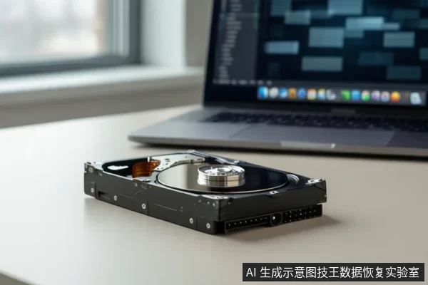 一块打开顶盖的机械硬盘平放在浅色桌面上,可见盘片、主轴和磁头臂;后方有一台打开的笔记本电脑,屏幕显示模糊图形界面。