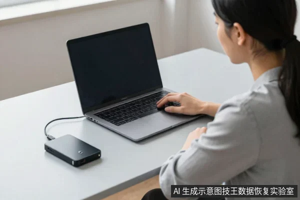 一名亚洲女性坐在浅色桌前，右手操作银色笔记本电脑触控板，左侧桌面放着一块黑色移动硬盘，通过线缆与电脑相连。