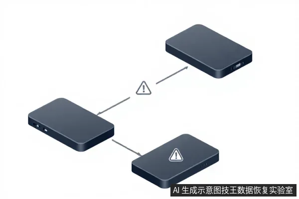 三块黑色移动硬盘呈三角分布,左侧硬盘通过带警告图标的箭头分别指向右上和右下两块硬盘,示意数据流向或故障分支。
