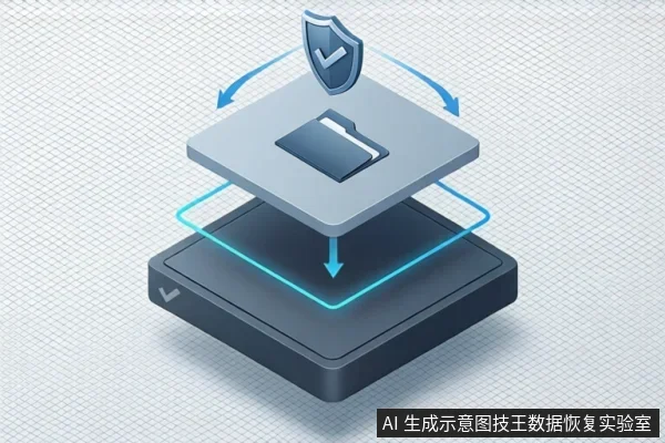 等距视角示意图：上方带文件夹图标的存储层与下方深色设备底座之间用蓝色箭头连接，顶部有盾牌对勾，示意数据写入与保护。