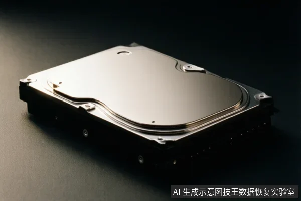 深色背景桌面上放置一块闭合上盖的机械硬盘，金属顶盖反光，侧面可见接口区域，无操作动作。