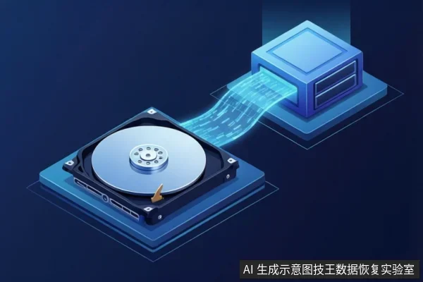 深蓝色背景中，一块机械硬盘通过蓝色数据流连接到一个方形芯片设备，示意数据读取或传输过程。