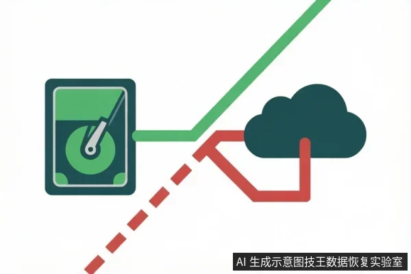 左侧为机械硬盘图标，右侧为云朵图标；绿色实线连接两者，红色折线与虚线表示中断或异常链路。
