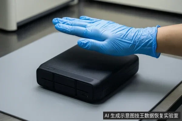 一只戴蓝色手套的手悬停在灰色台面上的黑色外置硬盘上方,未接触设备。
