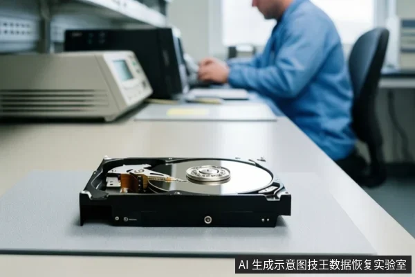 An open 3.5-inch hard disk drive on a desk with a blurred technician working in the background.