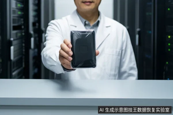 一名穿白大褂的亚洲成年男性站在服务器机柜前,手持一块黑色移动硬盘展示给镜头。