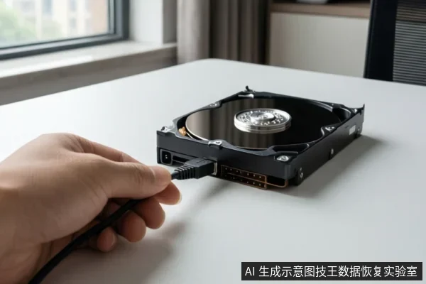 一只手正将USB数据线插入桌面上的机械硬盘接口,硬盘盘片裸露,背景为窗户和办公环境。
