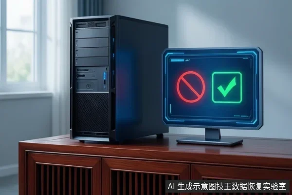 木柜上放着一台黑色台式电脑主机，旁边显示器屏幕显示红色禁止符号和绿色对勾符号