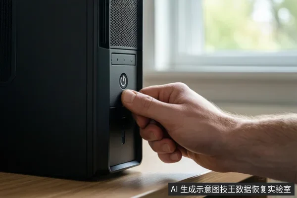 一只手正在按下黑色台式电脑主机前面板上的电源按钮，背景为室内桌面和窗户。