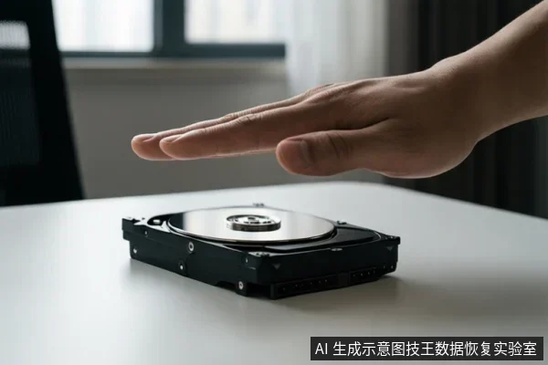 白色桌面上放置一块裸露的机械硬盘，上方有一只手掌平伸悬停，示意停止操作或断电。