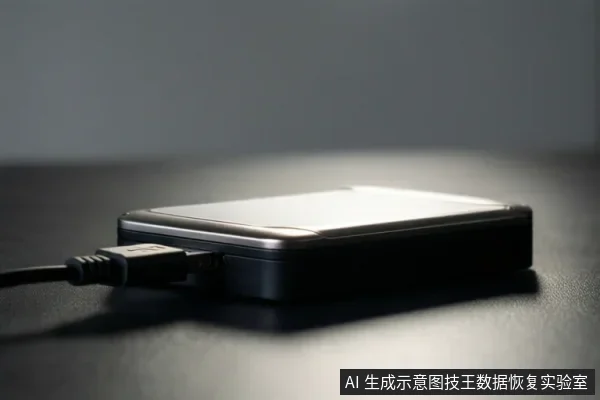黑色移动硬盘平放在深色桌面上,一端插入USB数据线,背景虚化,无可见文字。