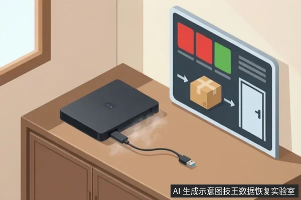 桌面上放置一个连接着USB线的黑色外置硬盘,周围有热气状线条,墙上挂有展示寄件流程的指示牌