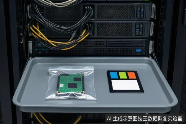 服务器机架前拉出灰色托盘,托盘上放有装绿色SSD电路板的防静电袋和一张彩色校色卡