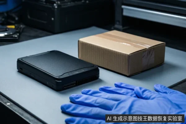 灰色工作台上放着一块黑色移动硬盘和一个棕色纸箱,一只戴蓝色手套的手掌平放在台面上,背景为深色设备架。