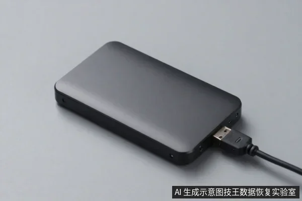 灰色桌面上放置一块黑色长方形外置硬盘,右侧USB接口插着一根黑色数据线。