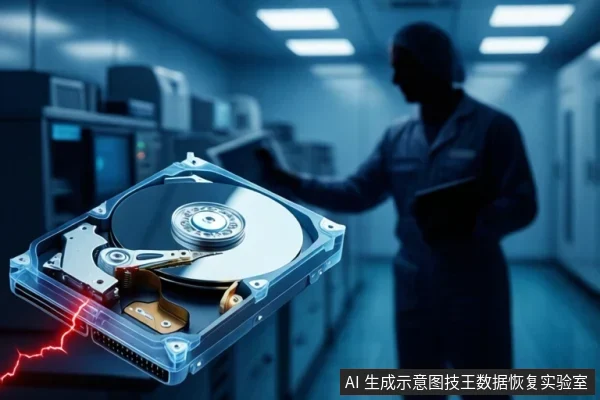 画面前景是一个打开外壳的机械硬盘，可见盘片、主轴和磁头组件，左下角有红色闪电状图形；背景为蓝色调的洁净室环境，一名穿工作服的人员手持写字板站在设备旁。