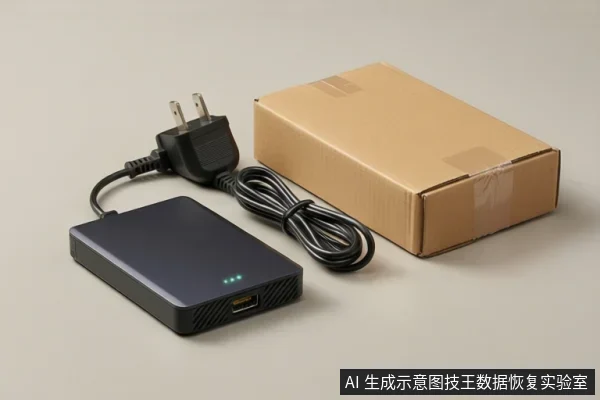 桌面上黑色移动硬盘表面四颗指示灯亮起，旁边放着缠绕的电源适配线和两脚插头，右侧是一个用胶带封好的牛皮纸快递纸箱。